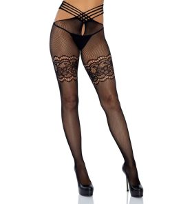 LEG AVENUE - MEDIAS DE RED CON ABERTURA Y ENCAJES EN MUSLO TALLA ÚNICA